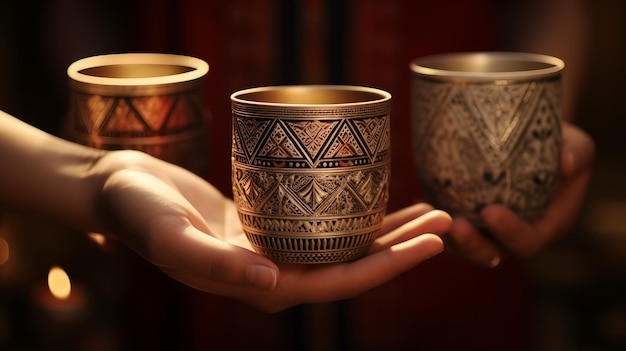 Row of Colorful Cups on Wooden Table Passover