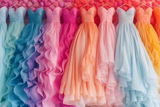 A row of colorful dresses for a wedding