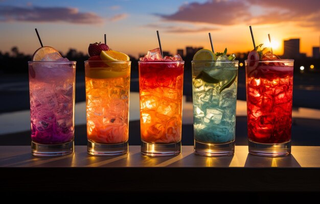 A row of colorful drinks sitting on top of a table A vibrant display of colorful drinks on a table