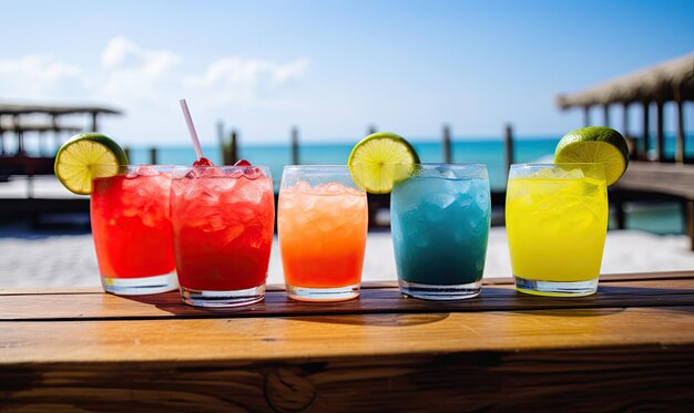 A row of colorful drinks sitting on top of a wooden table