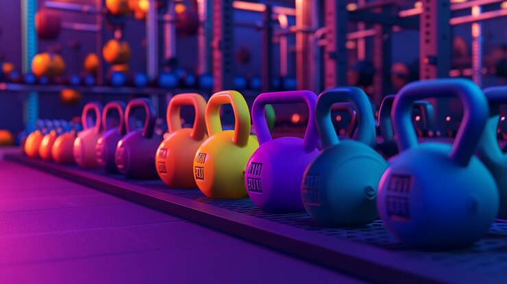 a row of colorful dumbbells are lined up on a platform