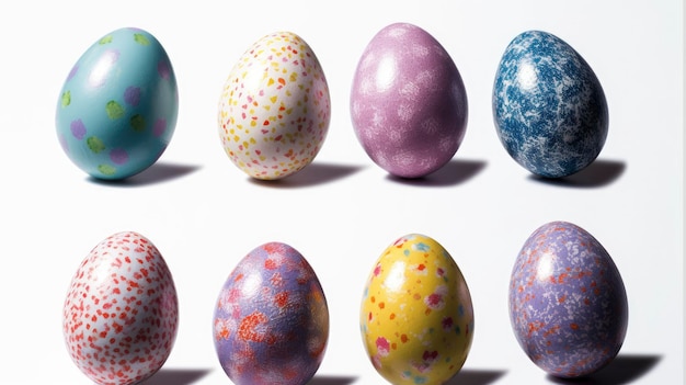 A row of colorful easter eggs on a white background