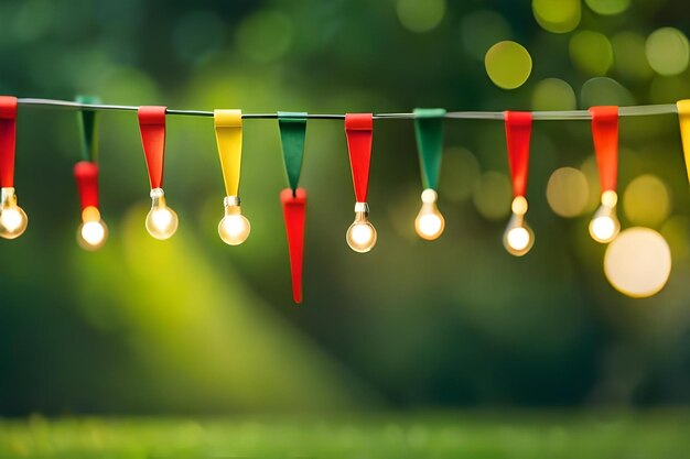 A row of colorful flags hanging on a clothesline.