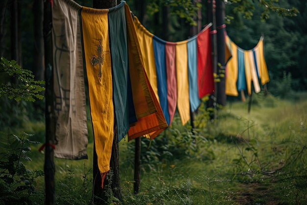 A row of colorful flags hanging from a tree