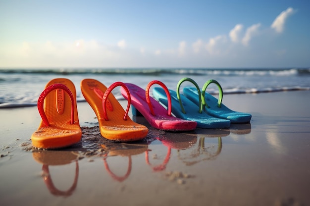 Photo a row of colorful flip flops sitting on top of a beach generative ai