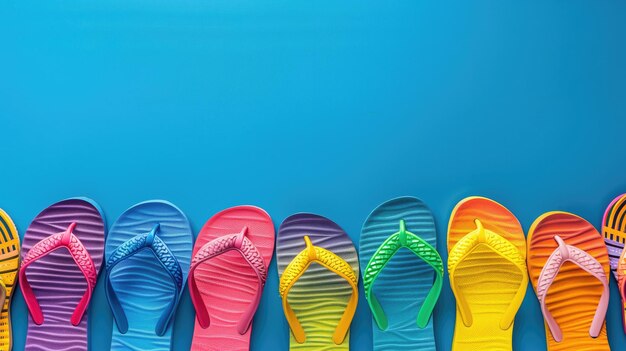 A row of colorful flipflops arranged against a bright blue background signaling fun and summer vibes