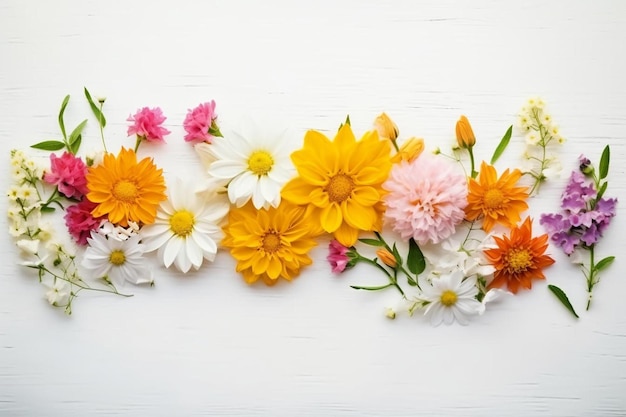 a row of colorful flowers on a white surface