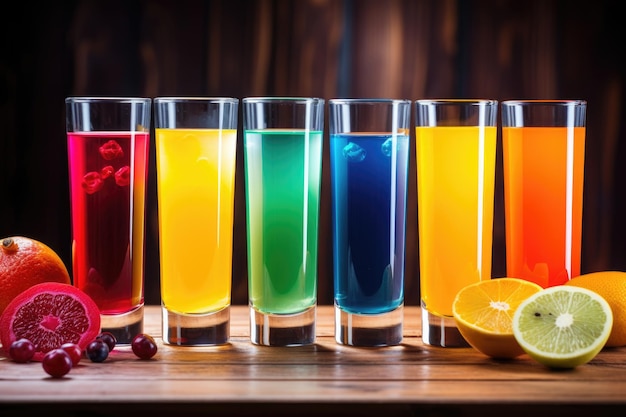 A row of colorful fruit juices in glasses gradient effect