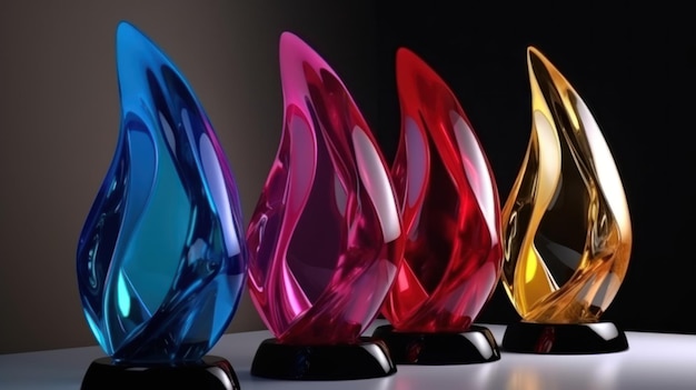 A row of colorful glass awards are displayed in a row.