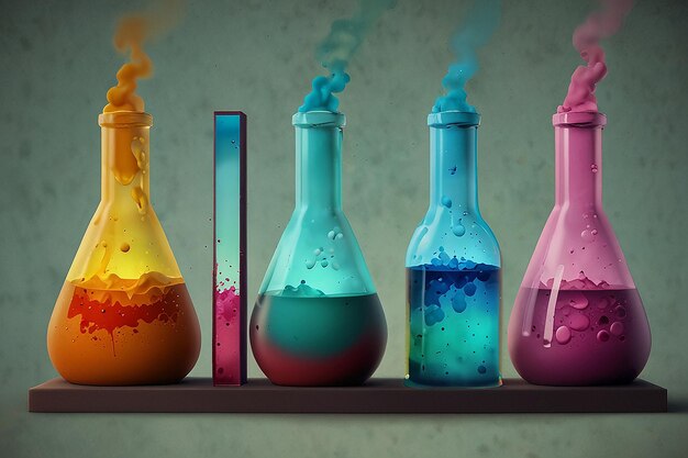 Photo a row of colorful glass beakers with different colors of liquid in them