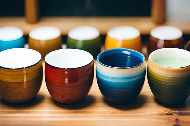 a row of colorful glass bowls on a table.