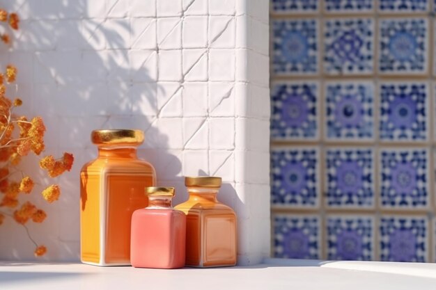 A row of colorful glass containers sit on a table