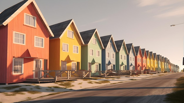 A row of colorful house with empty street