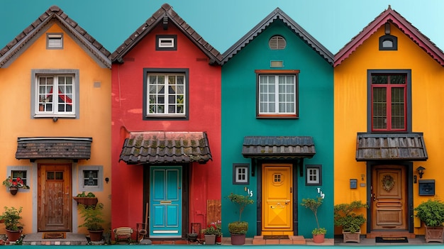 Photo a row of colorful houses with a blue door and windows