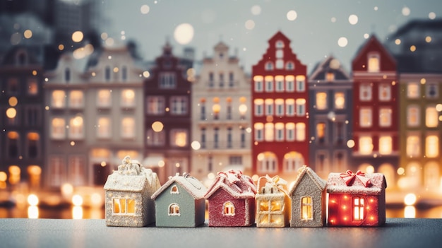 A row of colorful houses with a snowy background