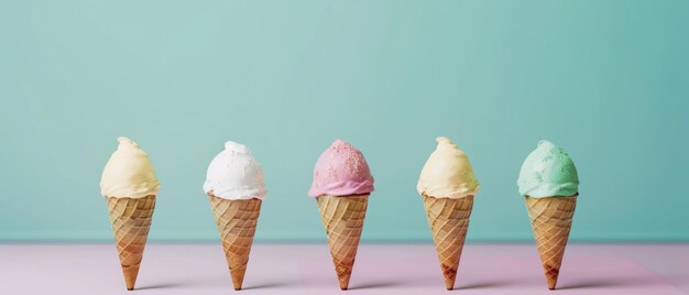 Row of colorful ice cream cones against a pastel backdrop a sweet lineup of flavors