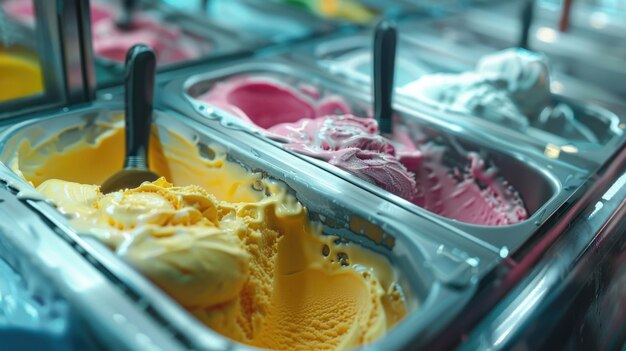 Foto una fila di coni di gelato colorati con cucchiai perfetti per le prelibatezze estive