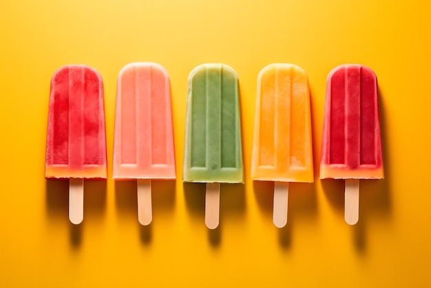 A row of colorful ice cream pops are lined up on a yellow background