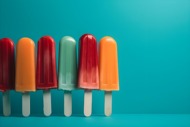 A row of colorful ice creams on a blue background