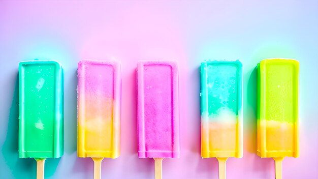 A row of colorful ice creams on a pink background