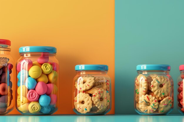 Photo a row of colorful jars filled with various candies and cookies