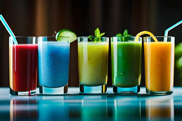 a row of colorful juices with different colors.