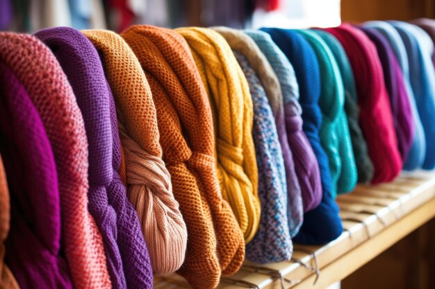 Row of colorful knitted scarves draping a rack