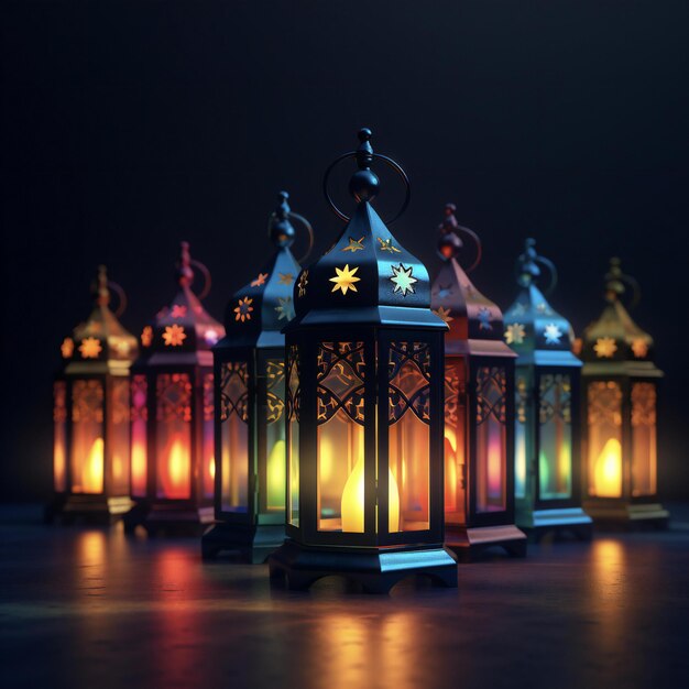 A row of colorful lanterns sitting on top of a table