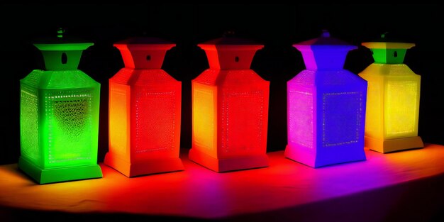 Photo a row of colorful lanterns sitting on top of a table