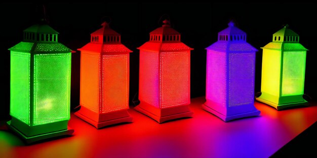 Photo a row of colorful lanterns sitting on top of a table