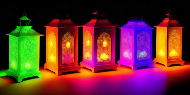 Photo a row of colorful lanterns sitting on top of a table