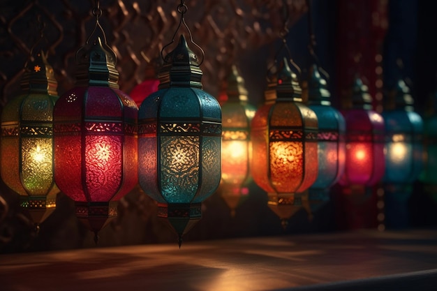 Ряд красочных фонарей со словом рамадан внизуГенеративный ай
