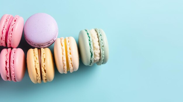 A row of colorful macaroons on a blue background