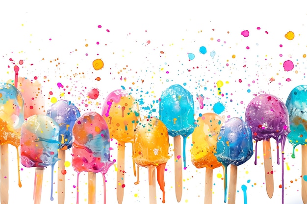 Photo row of colorful melting ice cream popsicles against white background with paint splashes