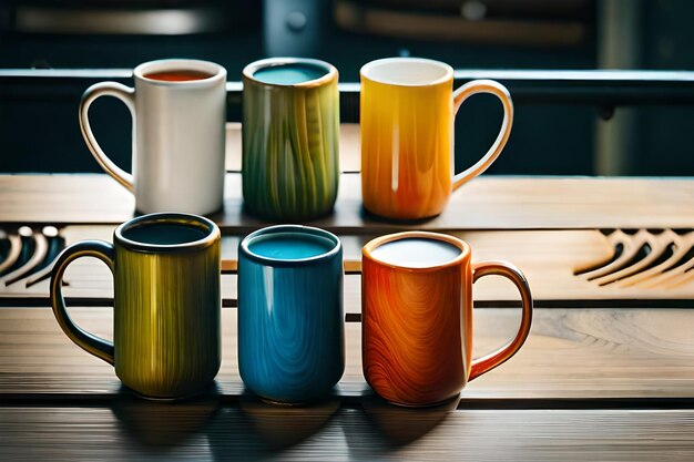 Photo a row of colorful mugs on a table with one that says 