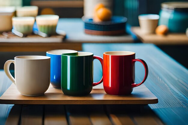 a row of colorful mugs on a table with other mugs.