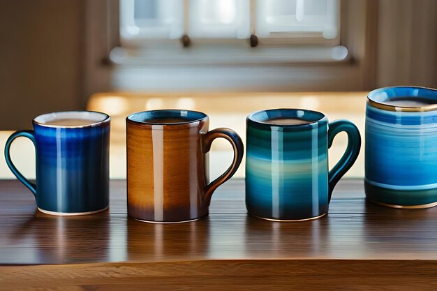 A row of colorful mugs on a table