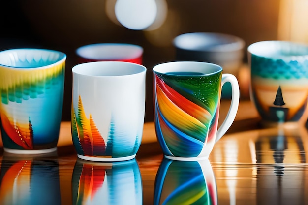 a row of colorful mugs with the rainbow colors on them