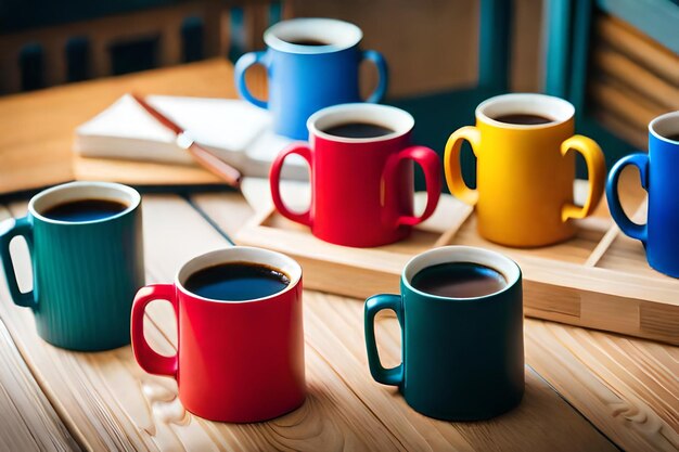 a row of colorful mugs with the word coffee on them