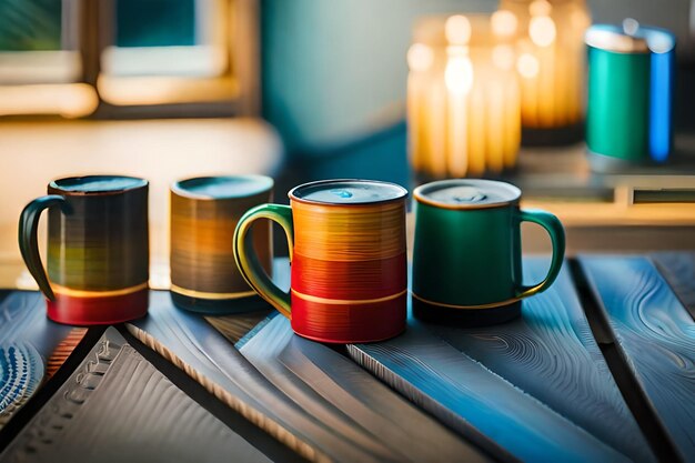 Photo a row of colorful mugs with the word  s  on them