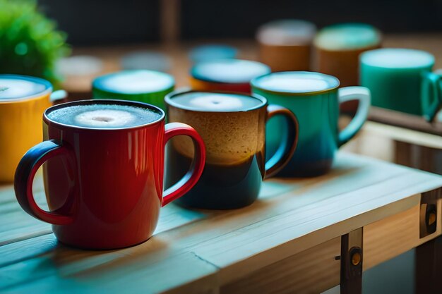 a row of colorful mugs with the words " coffee " on the bottom.