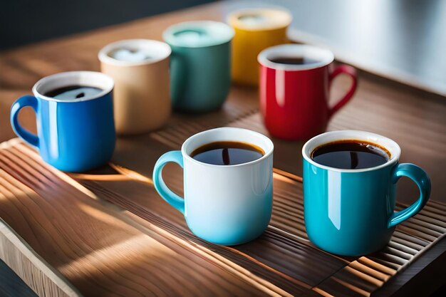 가운데에 커피라는 단어가 있는 다채로운 머그잔.