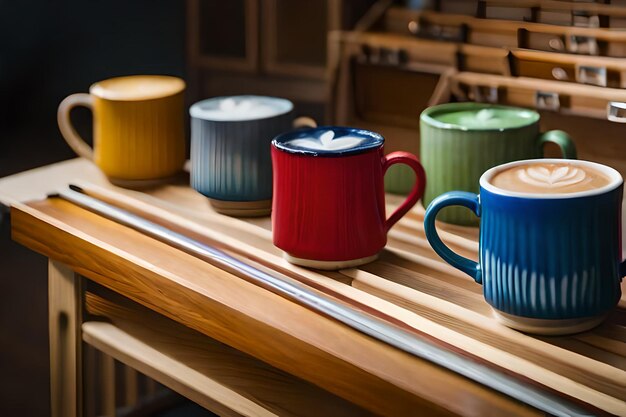 A row of colorful mugs on a wooden shelf with one that says 