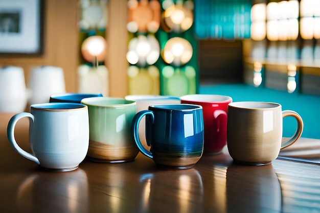 a row of colorful mugs on a wooden table.