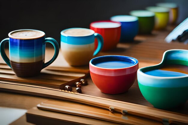 a row of colorful mugs on a wooden table