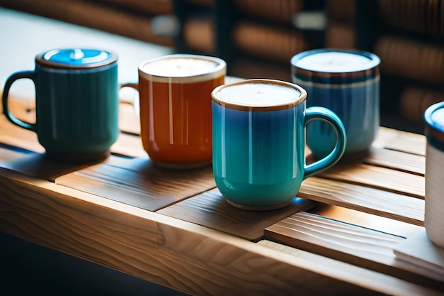 a row of colorful mugs on a wooden table.