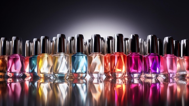 A row of colorful nail polishes in a row