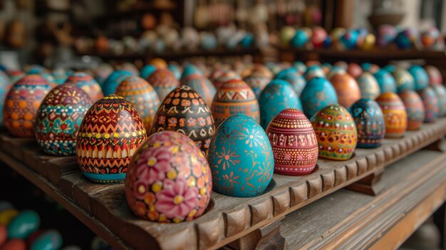 A Row of Colorful Painted Eggs on Wooden Shelf