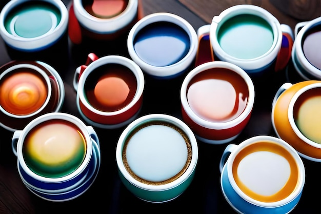 A row of colorful painted pots with different colors.