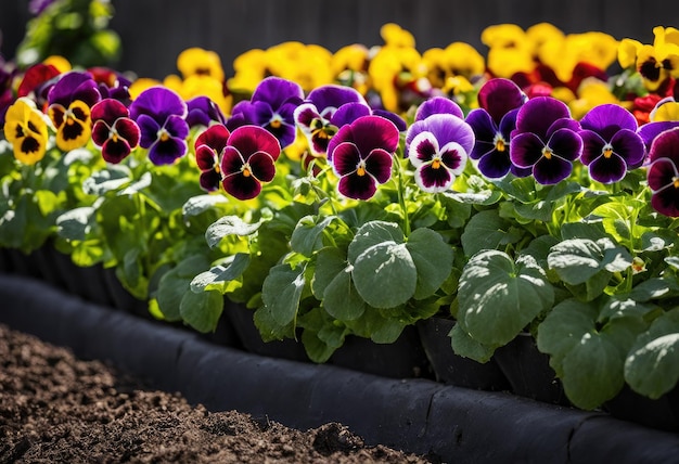 A row of colorful pansies in a garden bed Generative AI